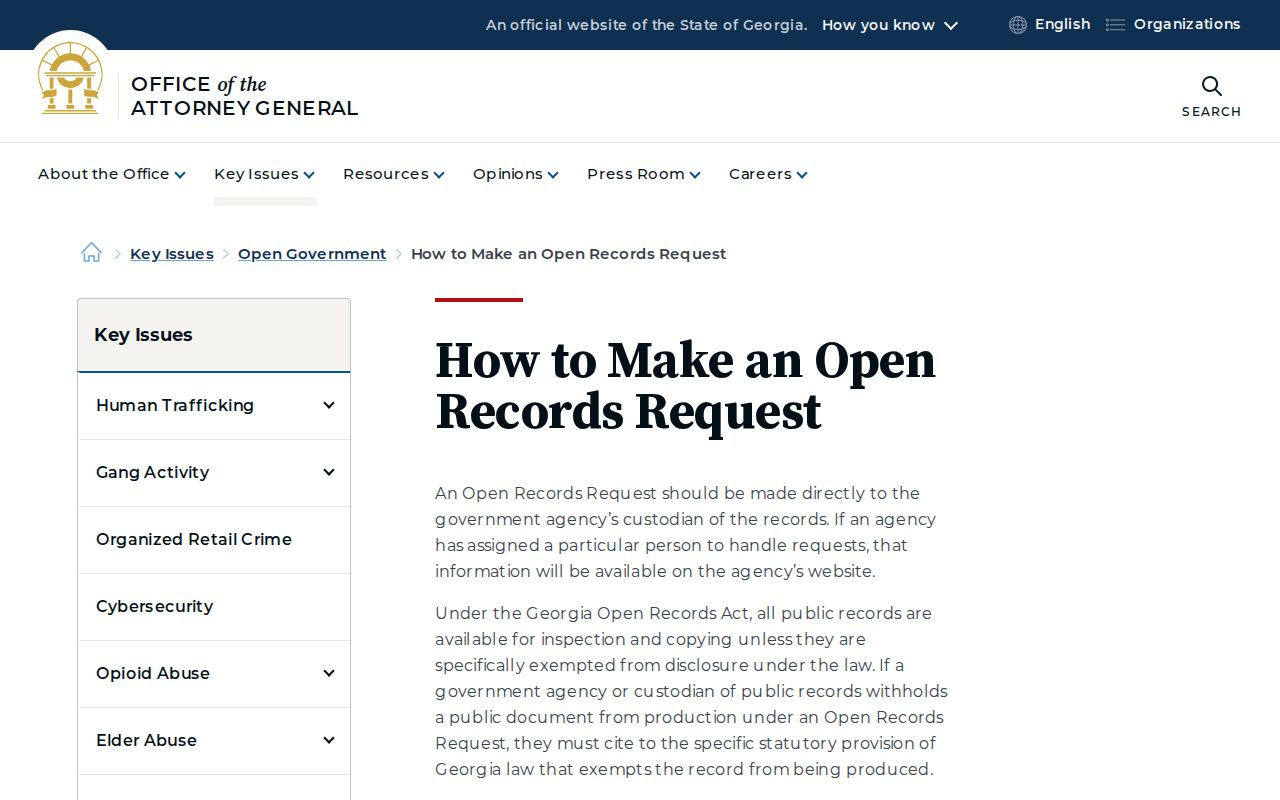 Georgia Attorney General instructions for an administrative open records request