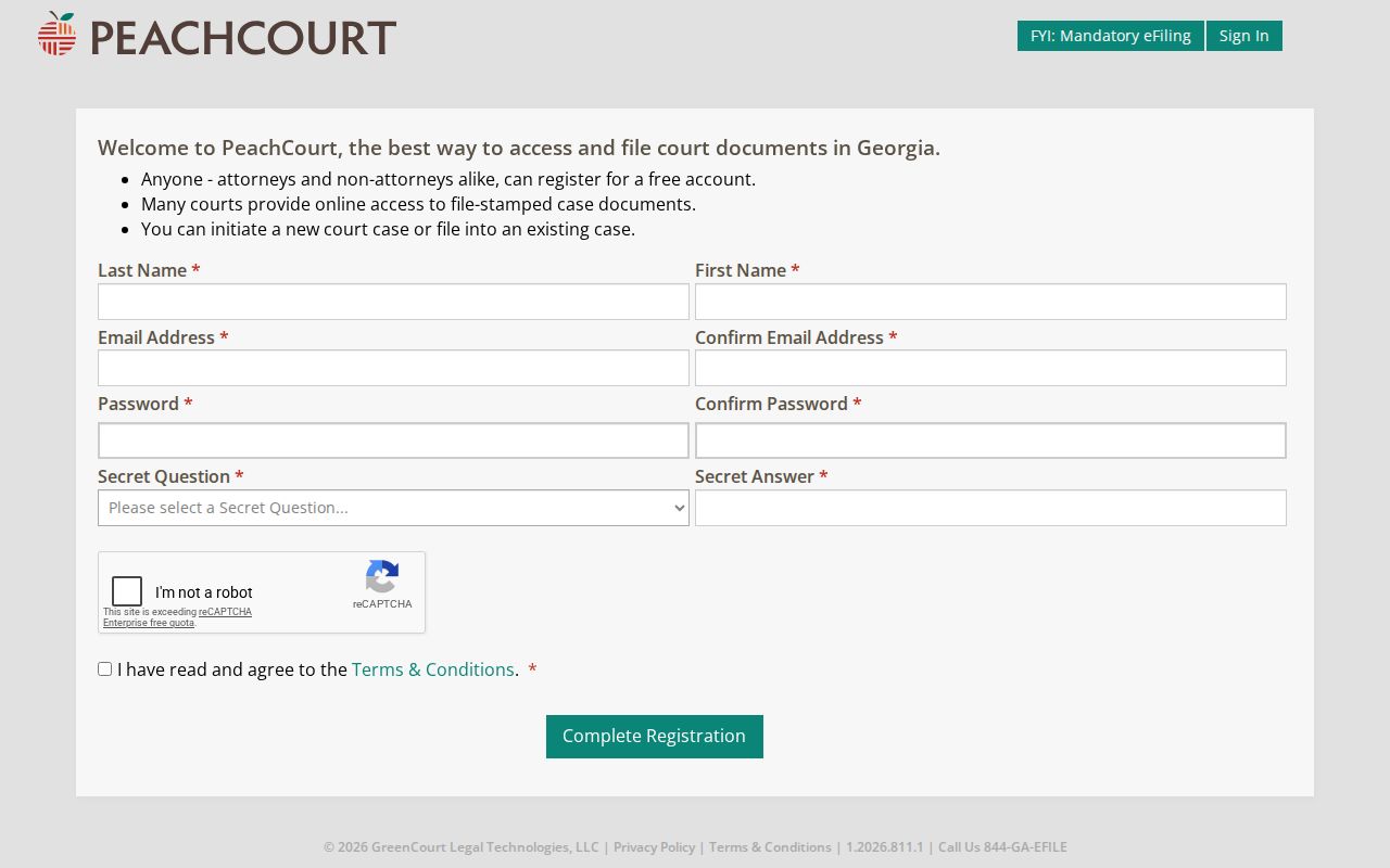 PeachCourt registration fields for Morgan County civil e-filing and document access