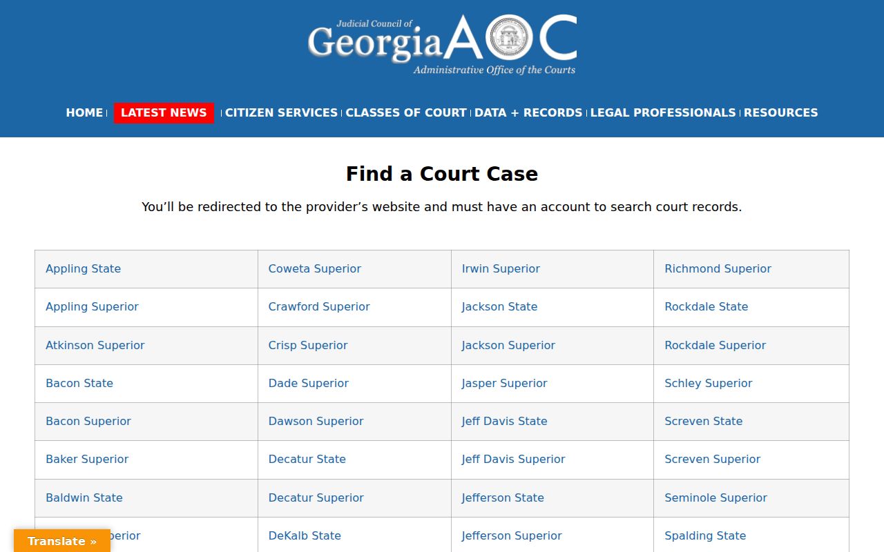 Georgia Courts electronic court records access page