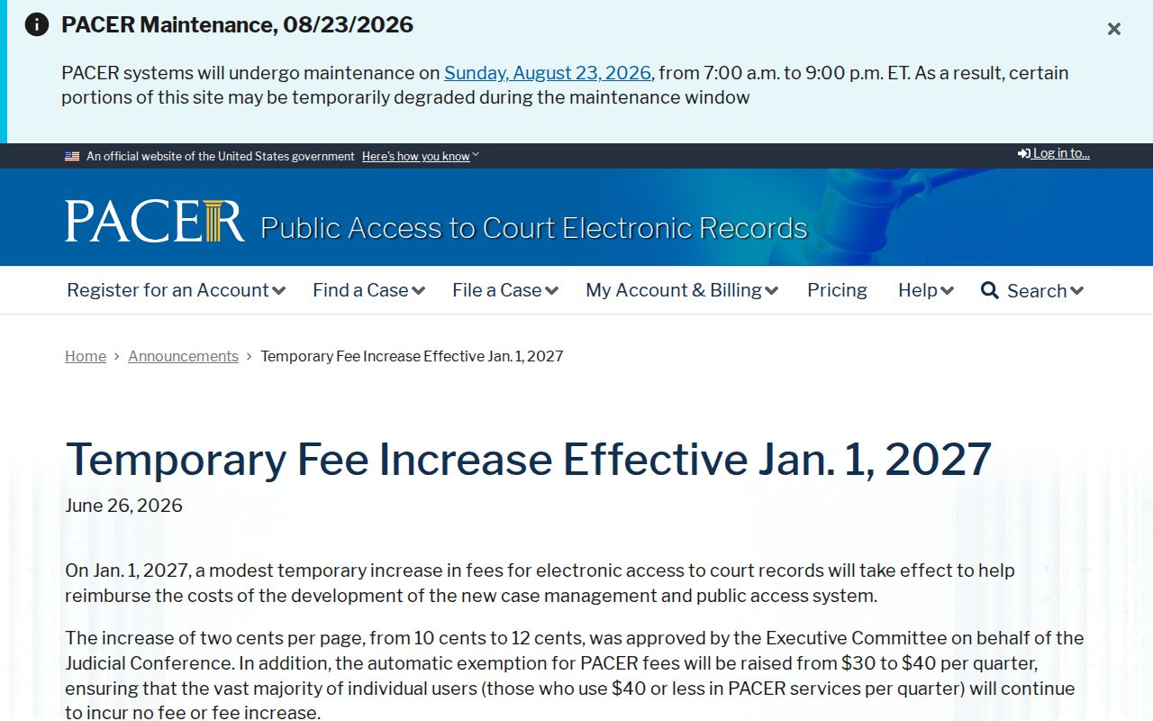 PACER notice about a future federal court record fee change