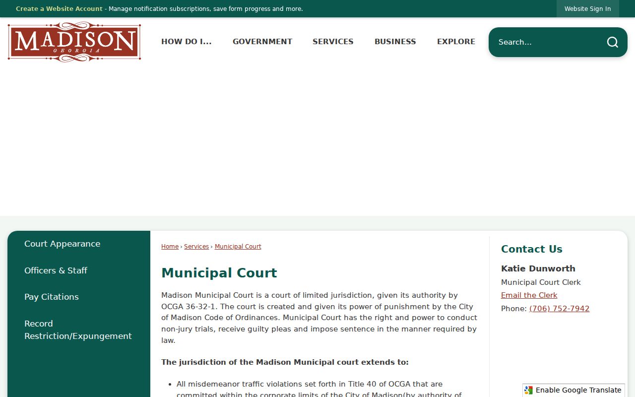Madison Municipal Court jurisdiction and clerk information