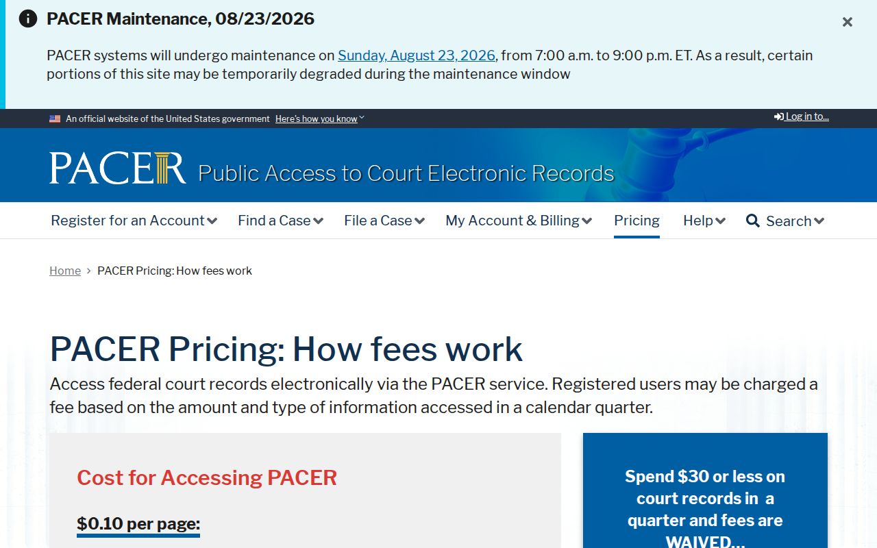 PACER federal docket pricing and fee policy